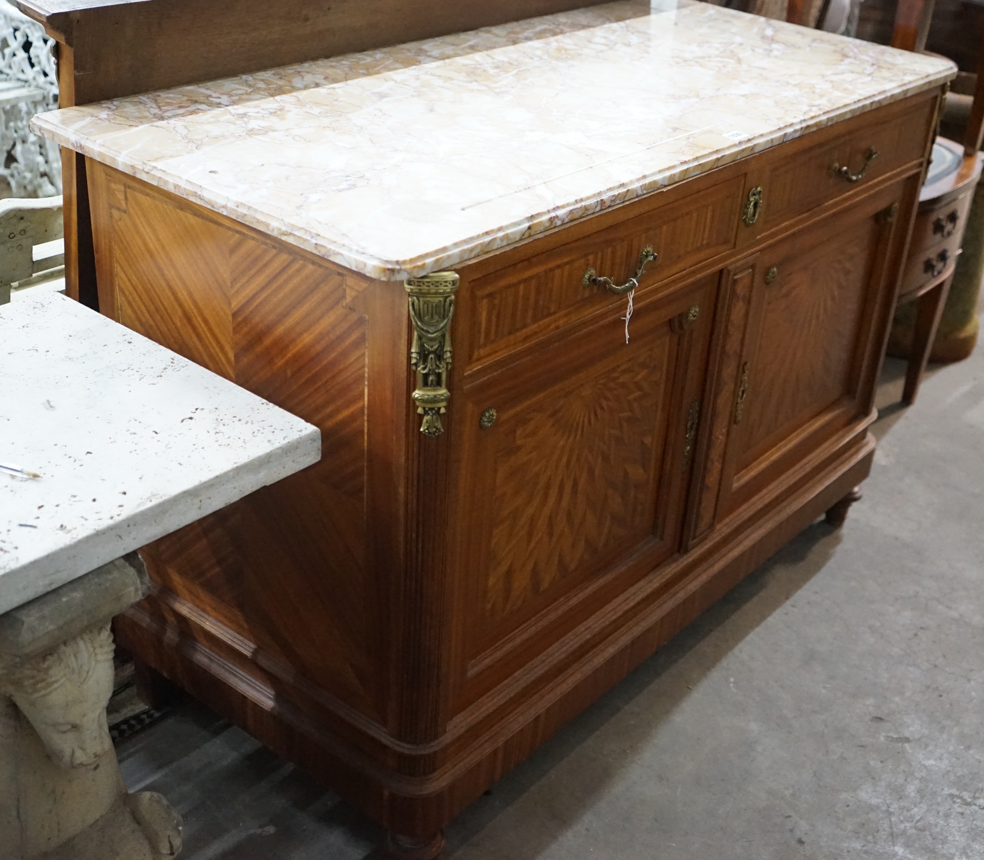 An early 20th century French marble topped mirrored back side cabinet, width 126cm, depth 58cm, height 184cm